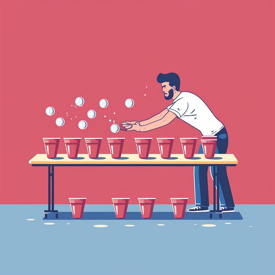 A person practicing beer pong by shooting as many cups as possible within a set time