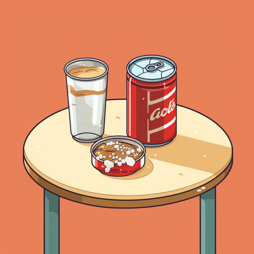A quarter, a cup, and a can of soda on a table