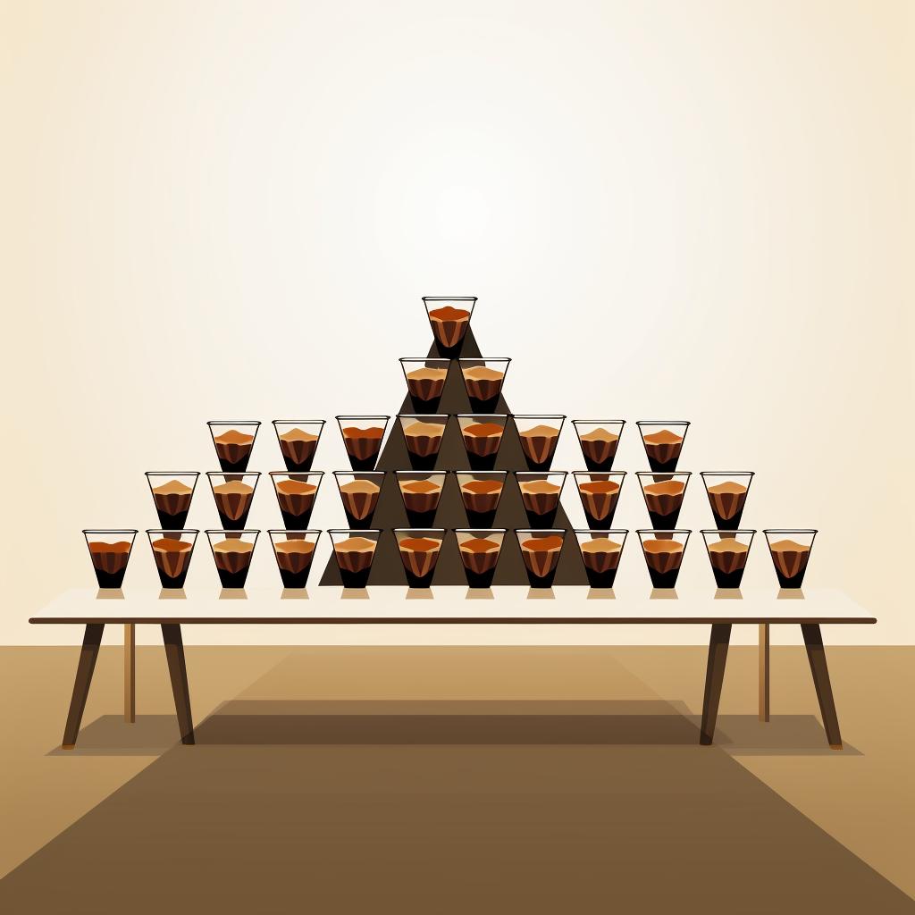 A long table with cups arranged in a pyramid shape at both ends, filled with root beer.