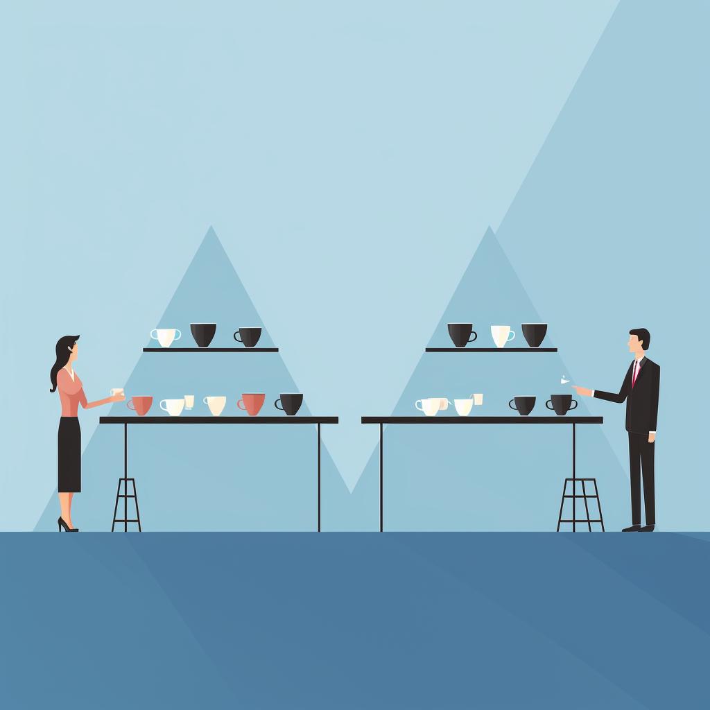 Two people standing at opposite ends of a table with 6 cups arranged in a triangle at each end.