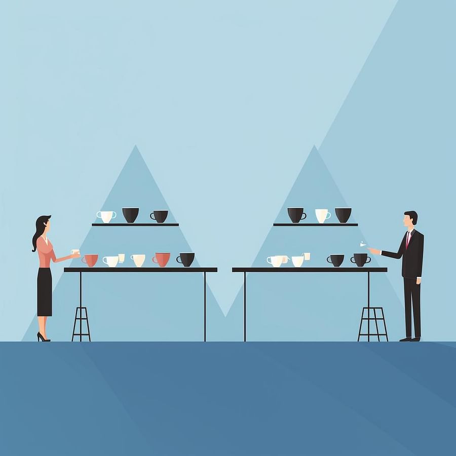 Two people standing at opposite ends of a table with 6 cups arranged in a triangle at each end.