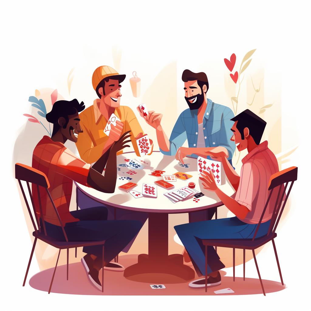 Players sitting around the table, one of them drawing a card