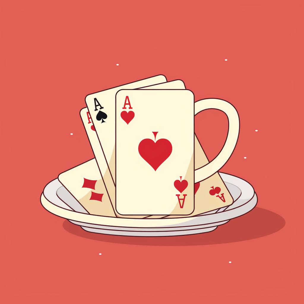A deck of cards being distributed around a large cup on a table