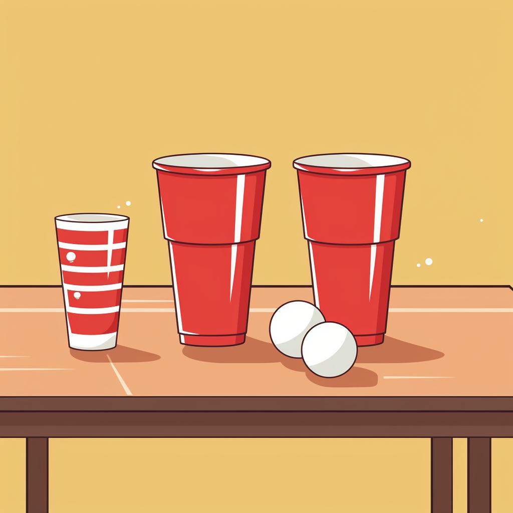 Beer pong supplies including table, cups, balls, and beer