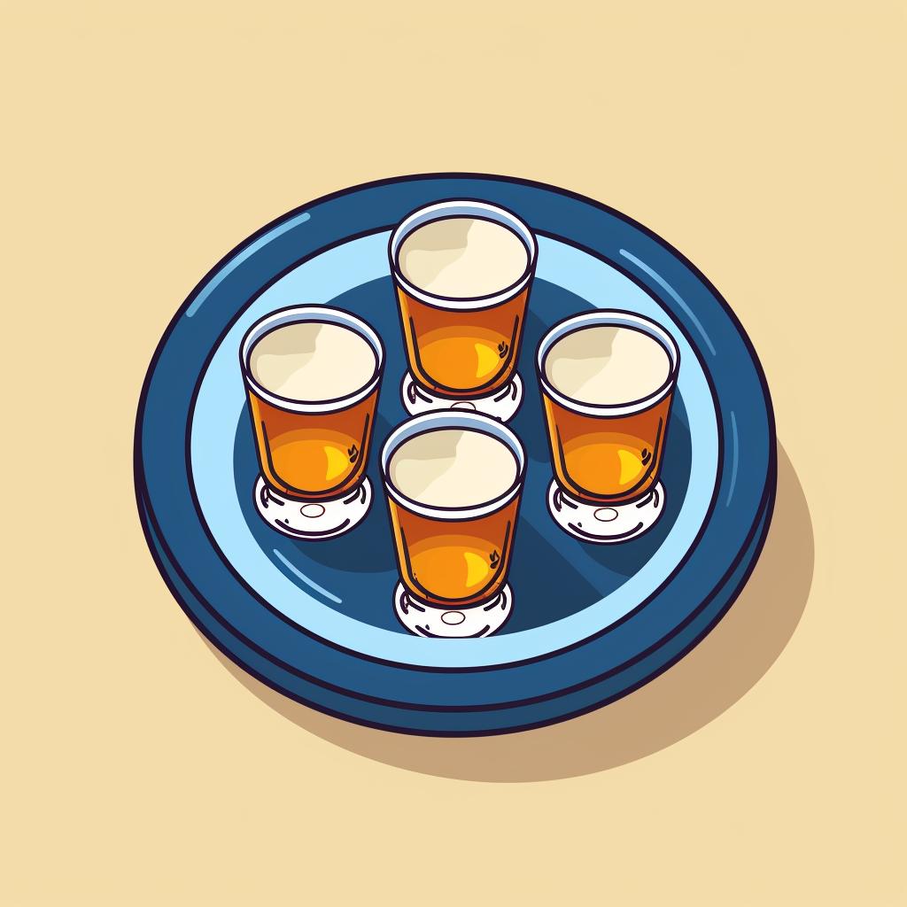 A tray with six cups arranged in a circle, five filled with beer and one with a shot of liquor.