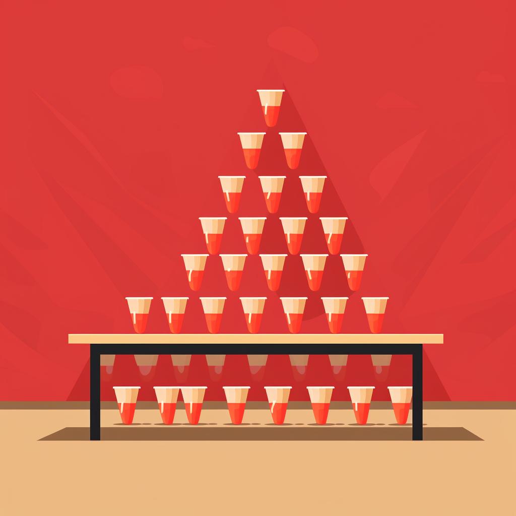 Beer pong table with cups arranged in pyramid shape
