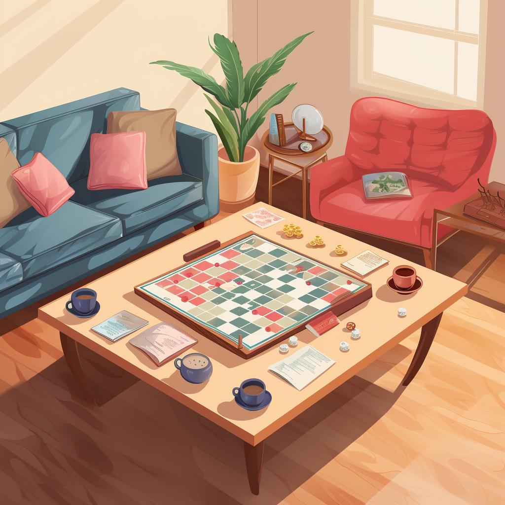 Living room set up for game night with Scrabble board on coffee table