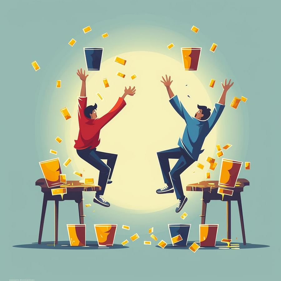 Two players flipping their cups, one successfully landing upside down