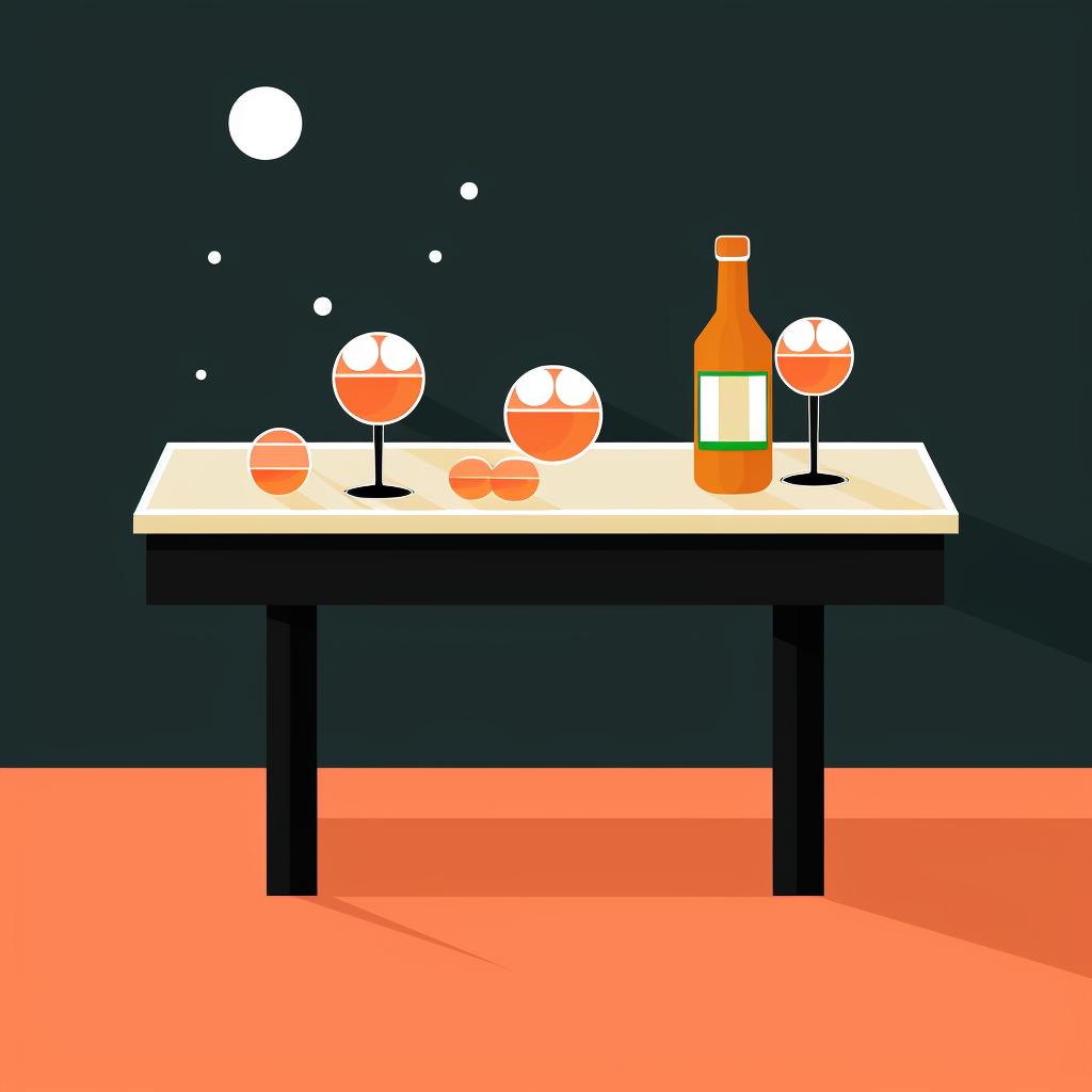 A small table with shot glasses, ping pong balls, and a bottle of beer.