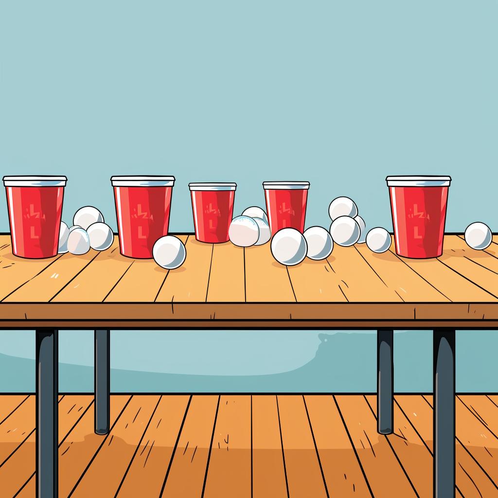 A long table with plastic cups and ping pong balls on top, and beer cans beside it.