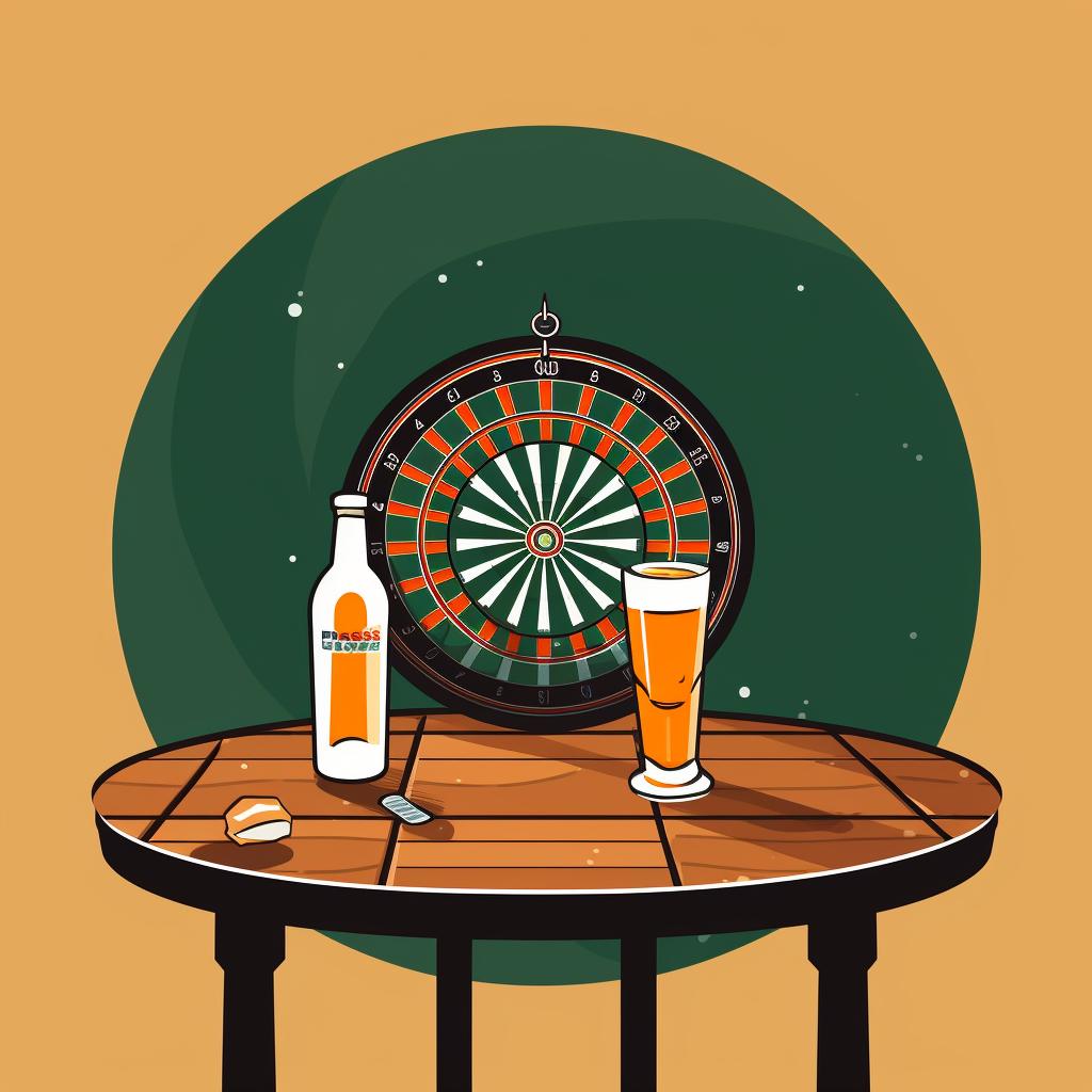 A dartboard, darts, and a bottle of beer on a table