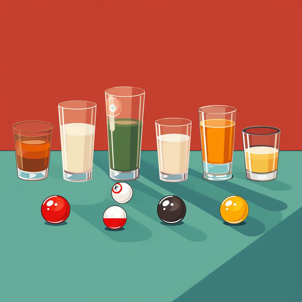 A pool table with different drinks assigned to different balls