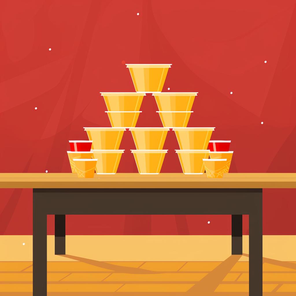 Two pyramids of cups filled with beer, arranged on opposite ends of a table.
