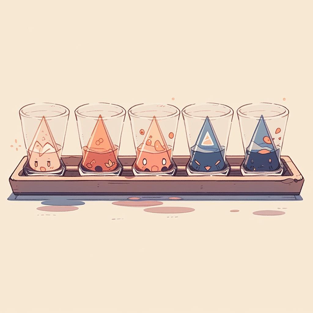 Shot glasses arranged in a triangle formation on a table.